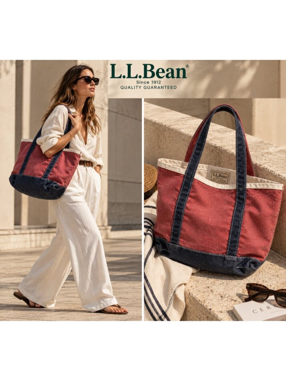 Rare L.L.Bean Red Navy Two Tone Cotton Canvas Tote Bag Distressed Vintage